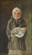 Ion Andreescu Girl holding a chicken oil painting artist